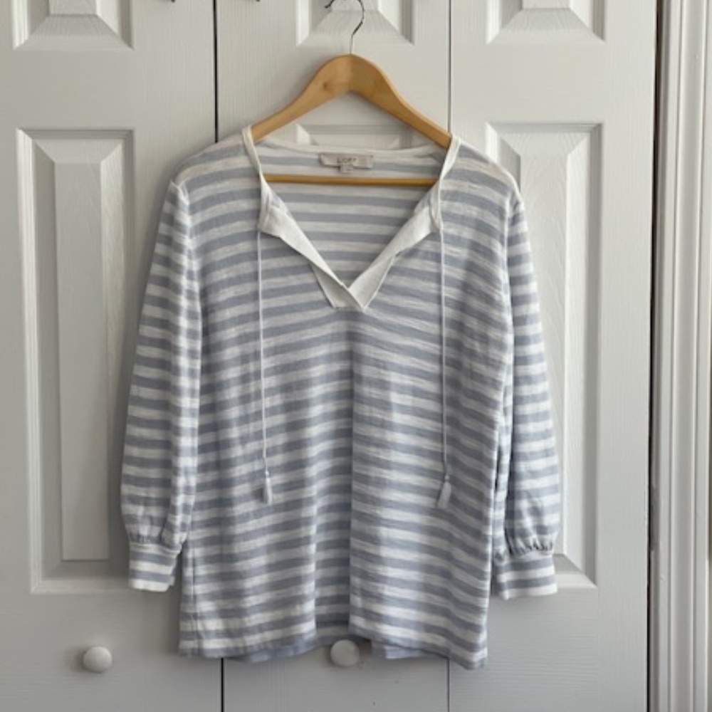 EUC -- LOFT Tie-Neck Striped Pullover Sweater with tassels - Size L